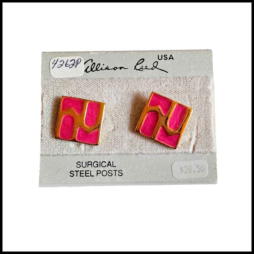 Vintage ALLISON REED Square Pink Gold Tone Shimmer PIERCED EARRINGS New